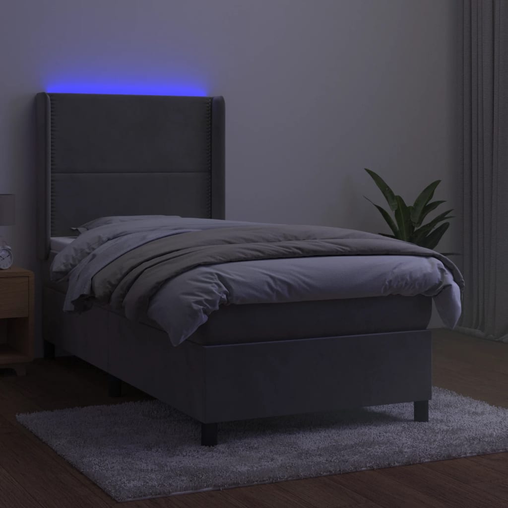 Világosszürke bársony rugós és LED-es ágy matraccal 90x190 cm 