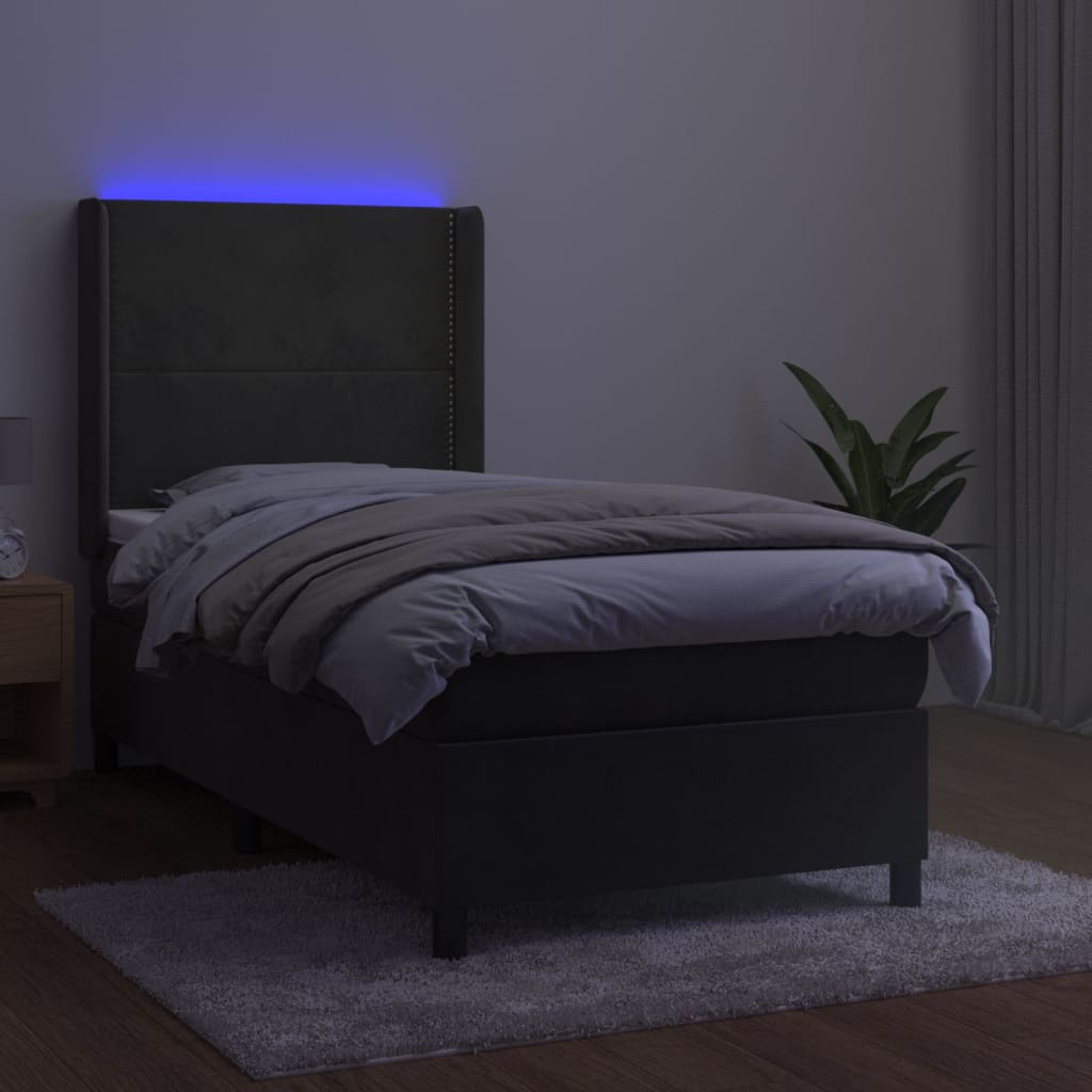 sötétszürke bársony rugós és LED-es ágy matraccal 100x200 cm