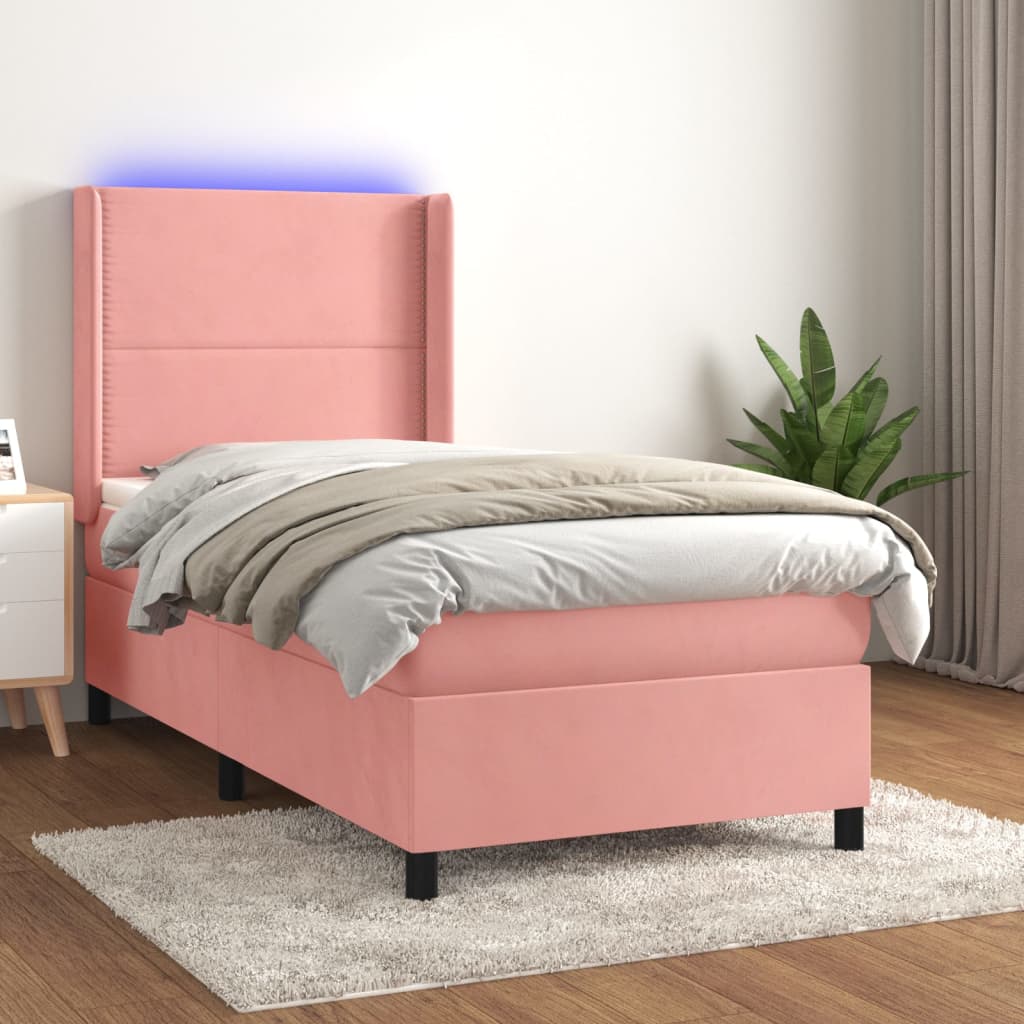 Box spring postel s matrací a LED růžová 100x200 cm samet