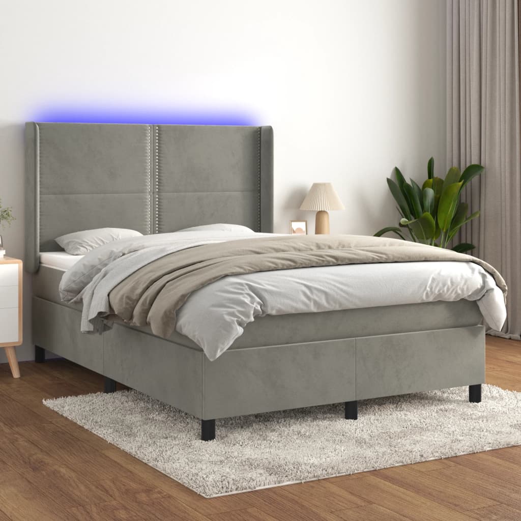 vidaXL Boxspringbett mit Matratze & LED Hellgrau 140x190 cm Samt