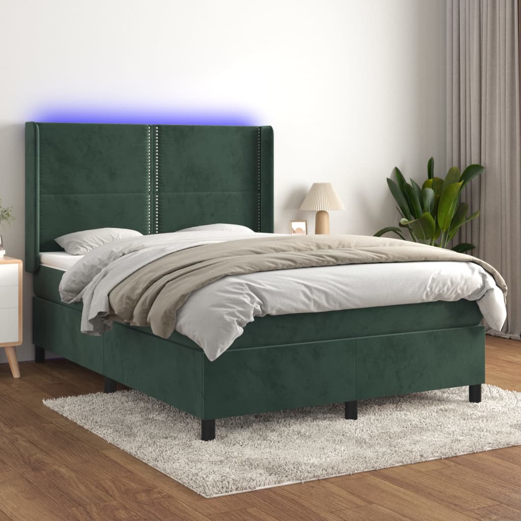 vidaXL Boxspringbett mit Matratze & LED Dunkelgrün 140x190 cm Samt