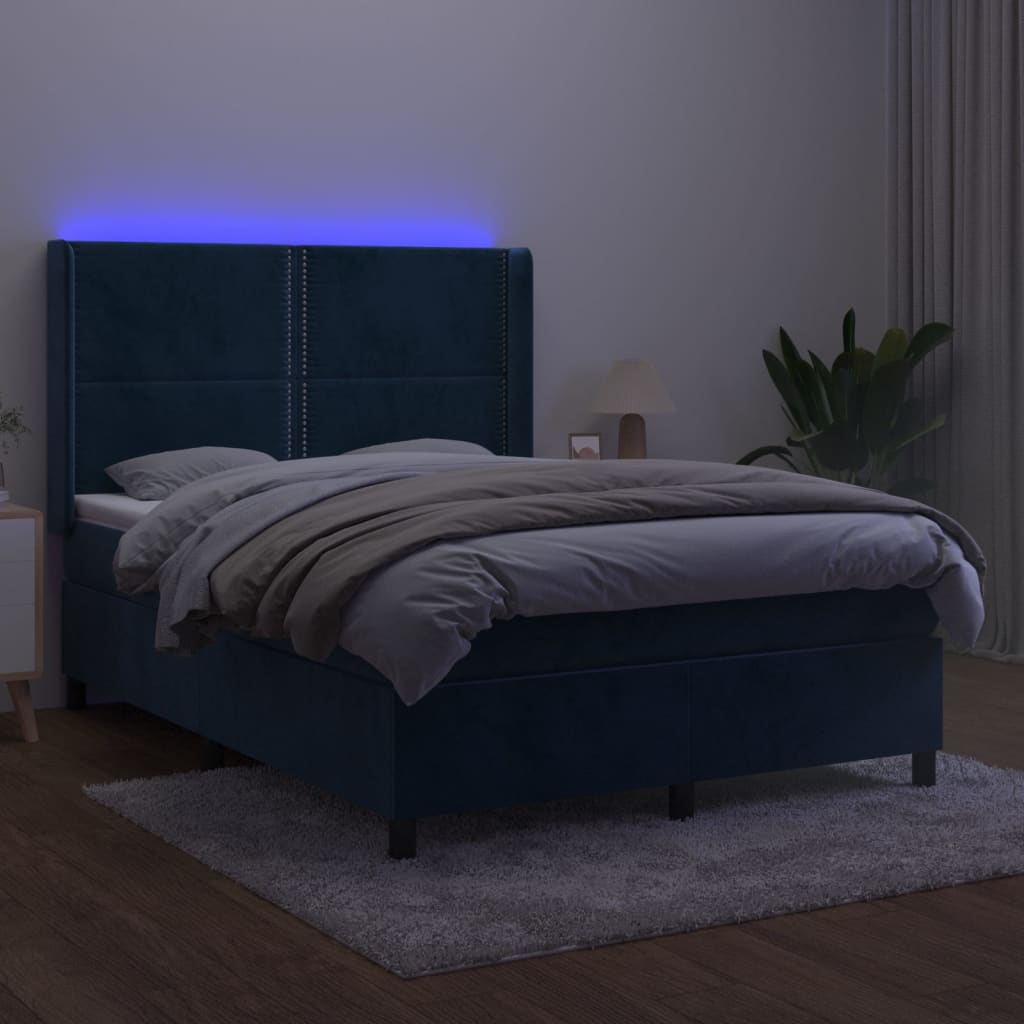 vidaXL Boxspring met matras en LED fluweel donkerblauw 140x190 cm afbeelding