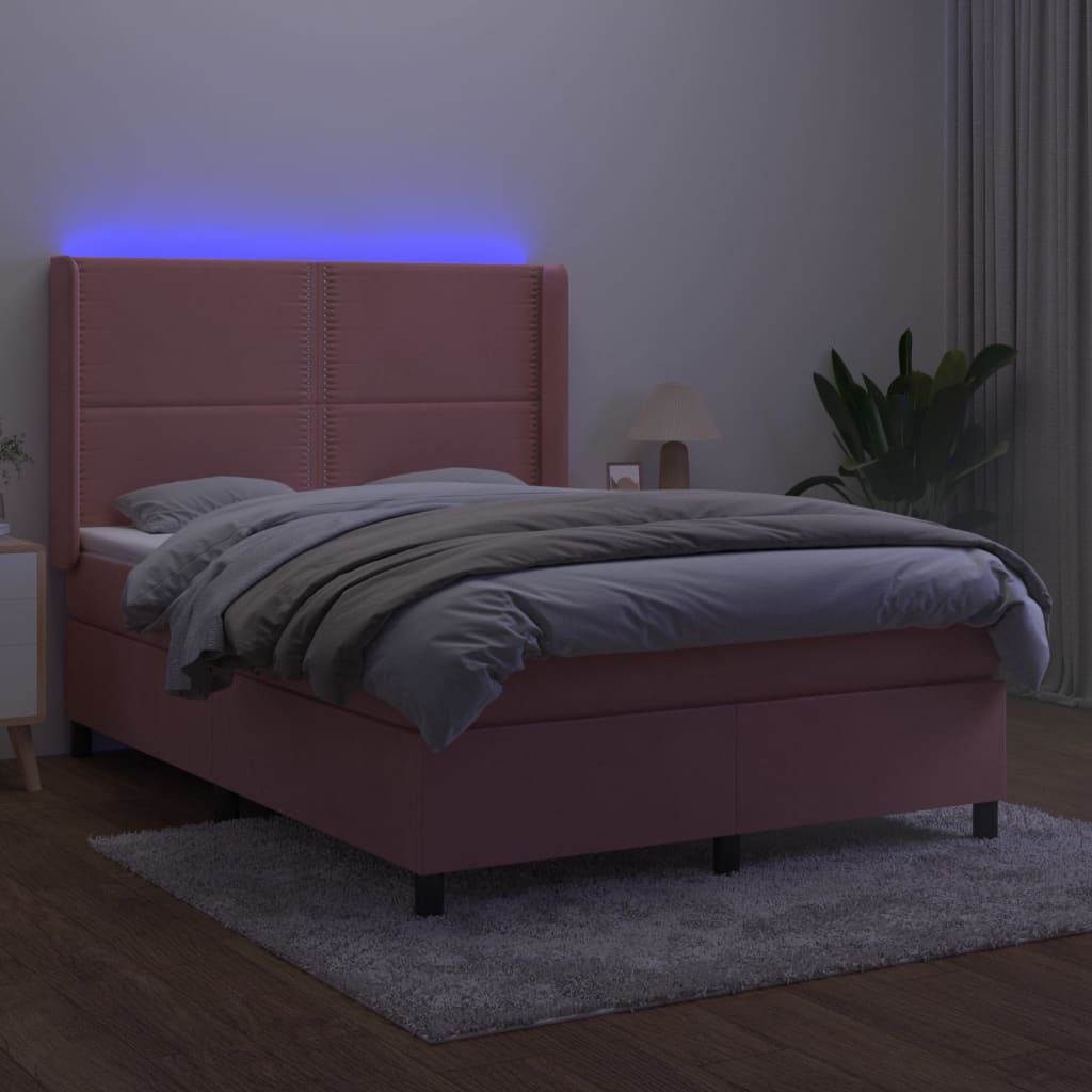 vidaXL Boxspring met matras en LED fluweel roze 140x190 cm afbeelding