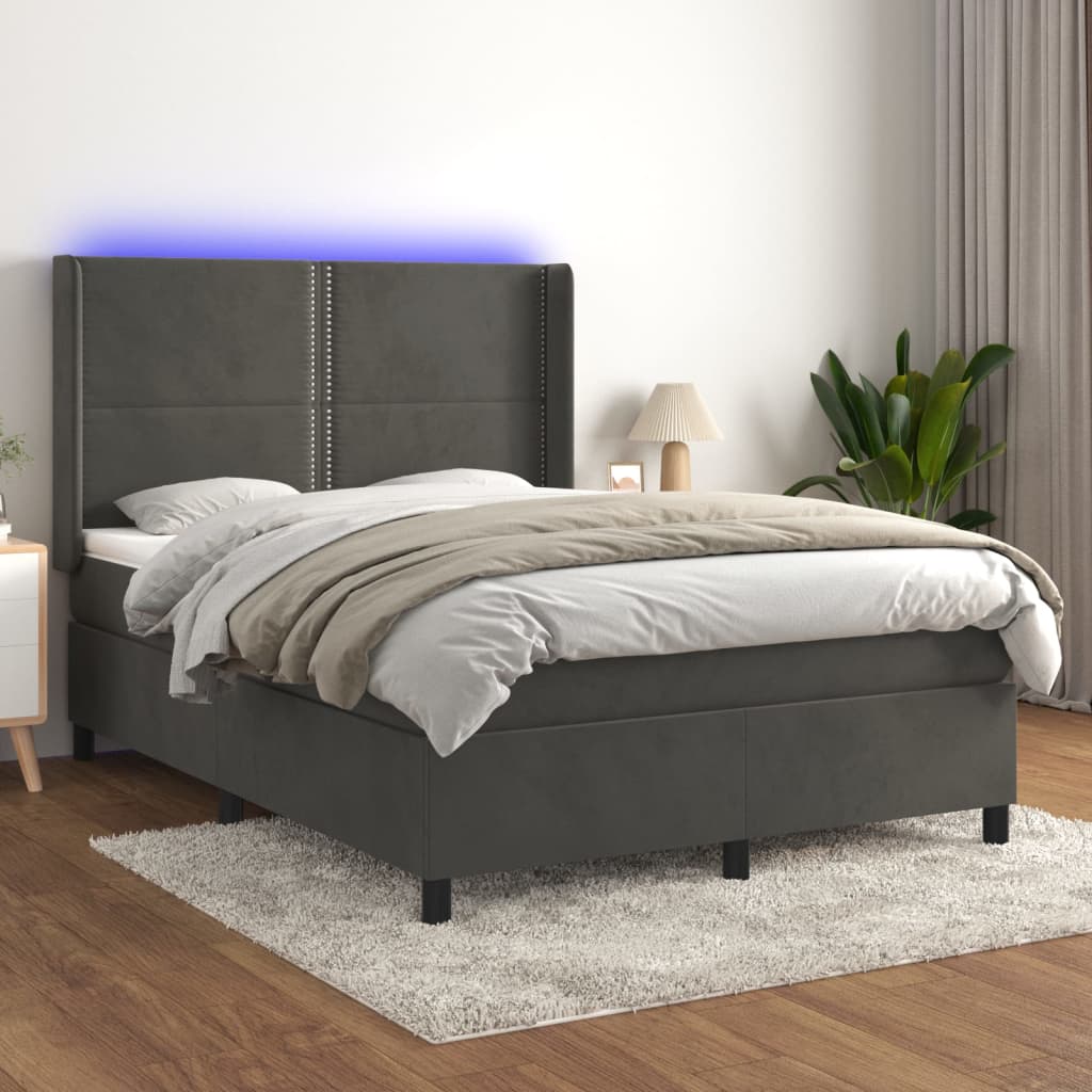 vidaXL Pat cu arcuri, saltea și LED, gri închis, 140×200 cm, catifea