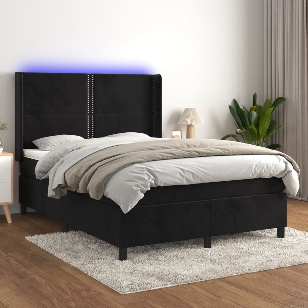 vidaXL Pat cu arcuri, saltea și LED, negru, 140×200 cm, catifea