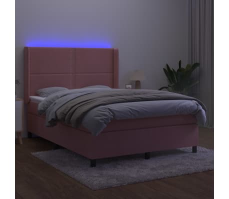 vidaXL Cama box spring c/ colchão/LED 140x200 cm veludo rosa