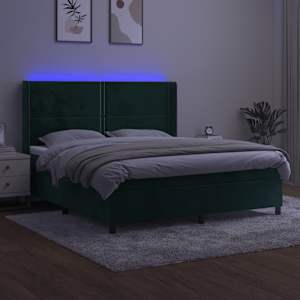 vidaXL Pat cu arcuri, saltea și LED, verde &icirc;nchis, 160x200 cm, catifea