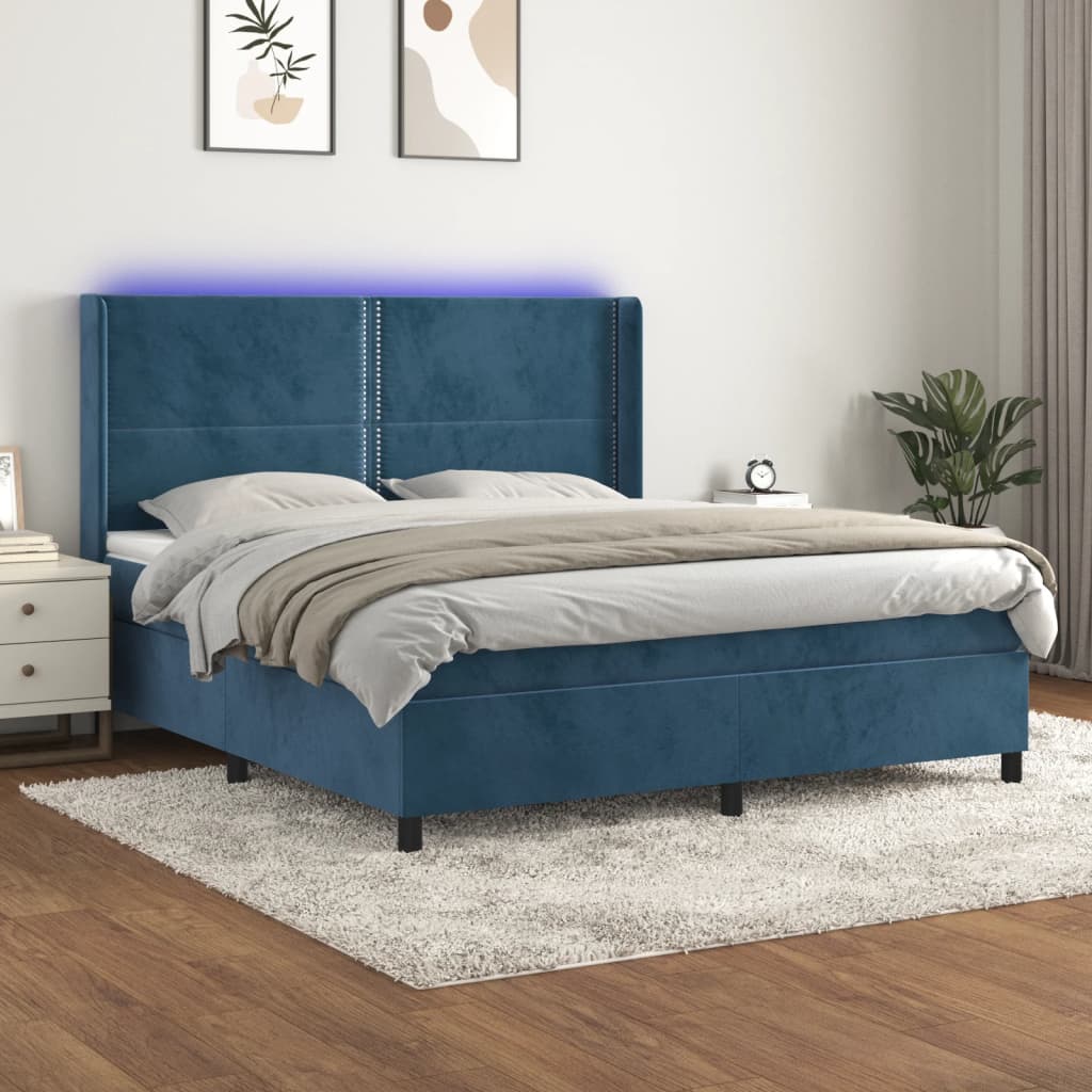 Box spring postel s matrací a LED tmavě modrá 180x200 cm samet