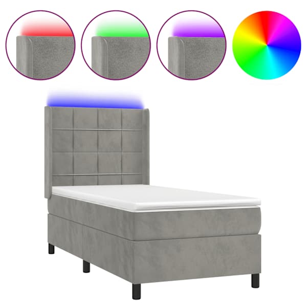 vidaXL kontinentaalvoodi madrats ja LED, helehall, 80x200 cm, samet