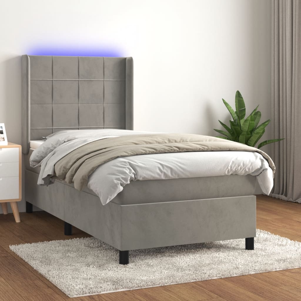Box spring postel s matrací a LED světle šedá 80 x 200 cm samet