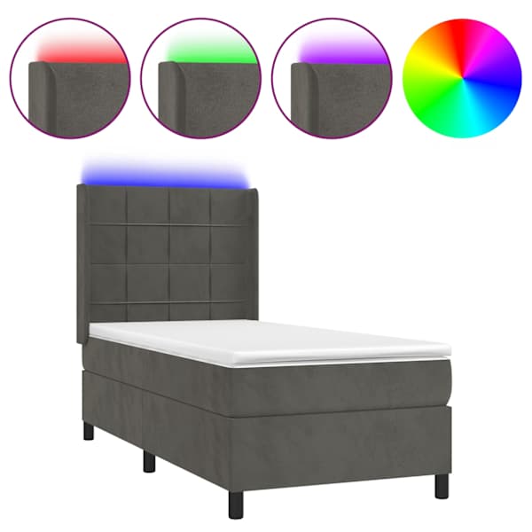 vidaXL kontinentaalvoodi madrats ja LED, tumehall, 80x200 cm, samet