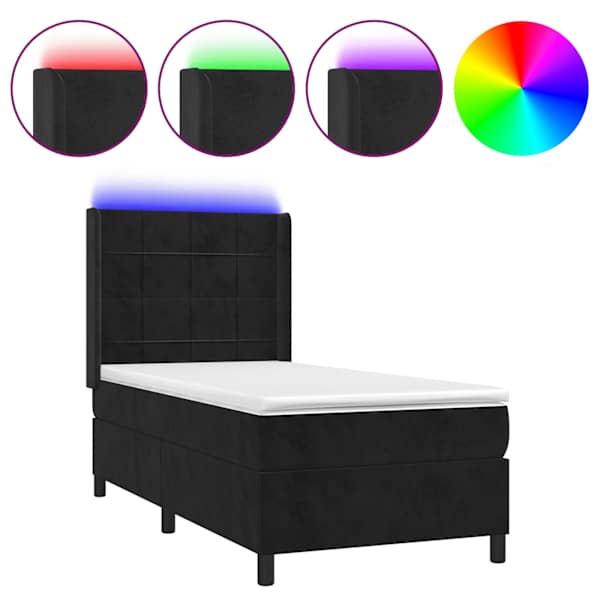 vidaXL kontinentaalvoodi madrats ja LED, must, 80x200 cm, samet