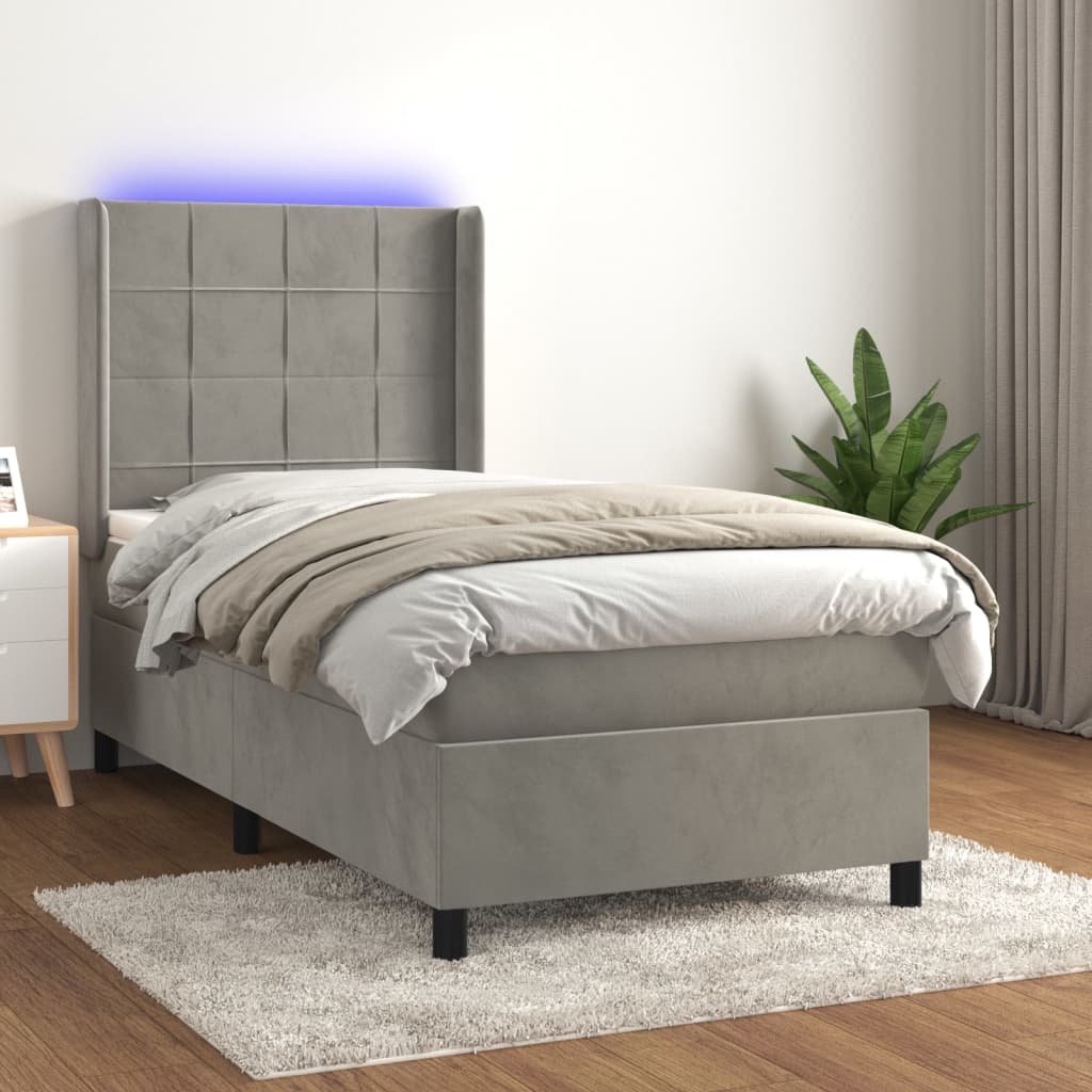 Sommier tapissier et matelas et LED Gris clair 90x200cm Velours