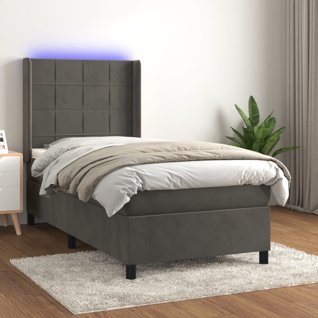 Box spring postel s matrací a LED tmavě šedá 90x200 cm samet
