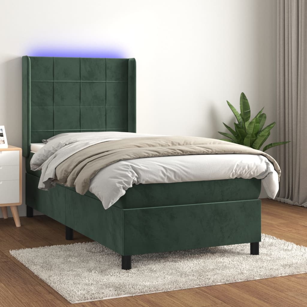 Box spring postel s matrací a LED tmavě zelená 90x200 cm samet
