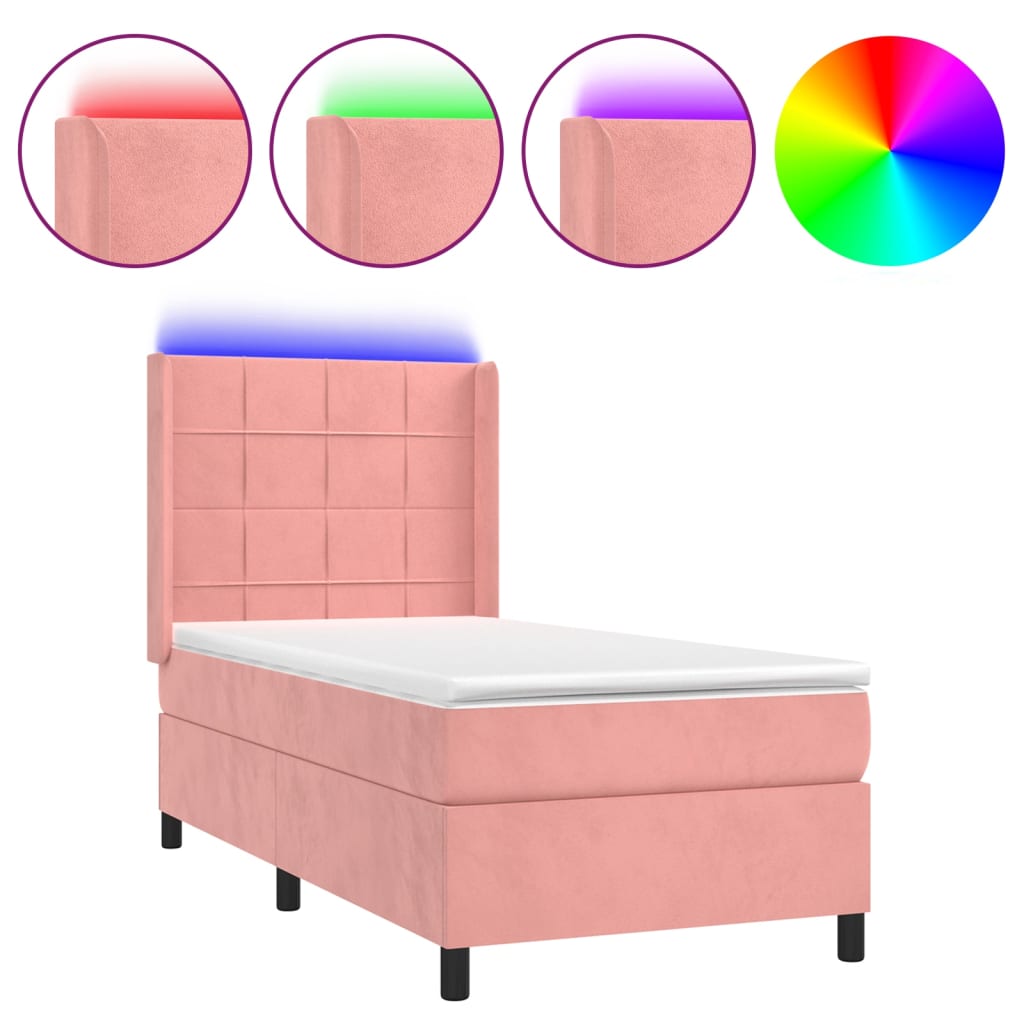 vidaXL Box spring postel s matrací a LED růžová 90x200 cm samet