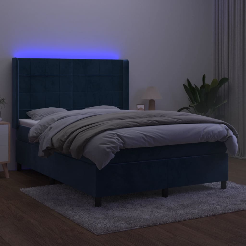 vidaXL Boxspring met matras en LED fluweel donkerblauw 140x190 cm afbeelding