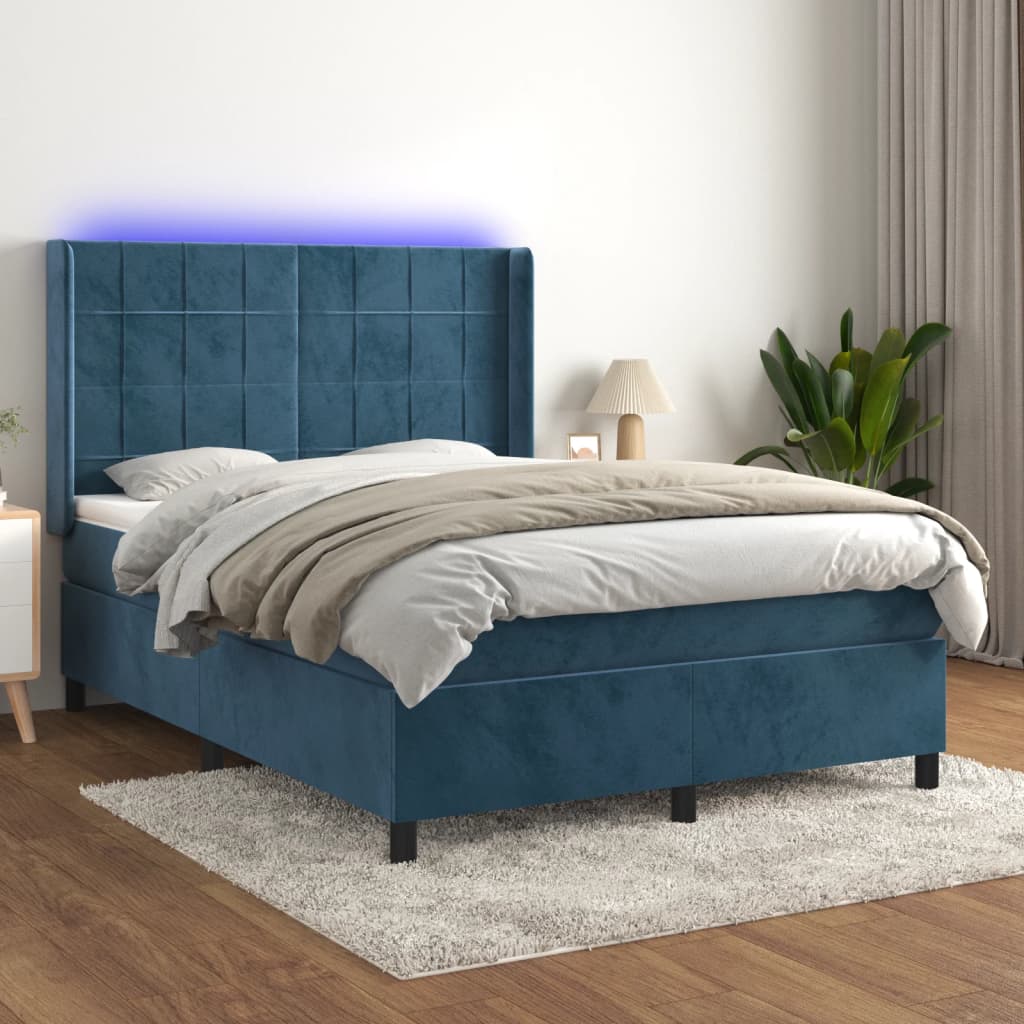 Box spring postel s matrací a LED tmavě modrá 140x190 cm samet