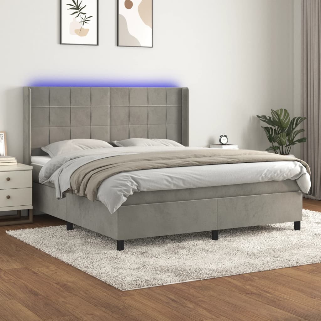 Box spring postel s matrací a LED světle šedá 160x200 cm samet