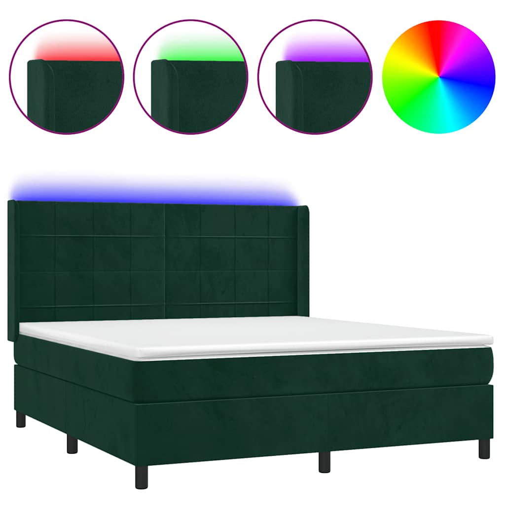 vidaXL Box spring postel s matrací a LED tmavě zelená 180x200 cm samet