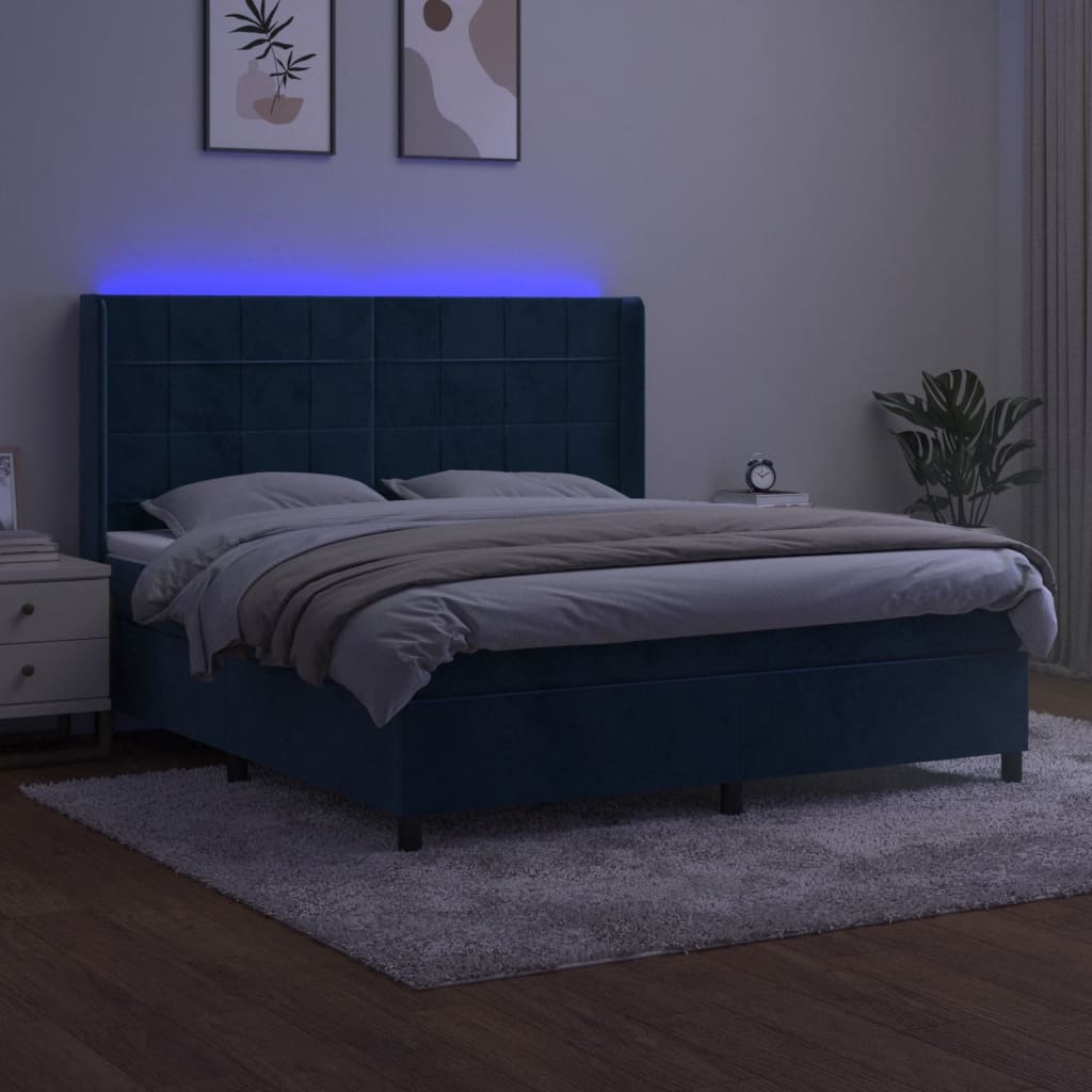 vidaXL Boxspring met matras en LED fluweel donkerblauw 180x200 cm afbeelding