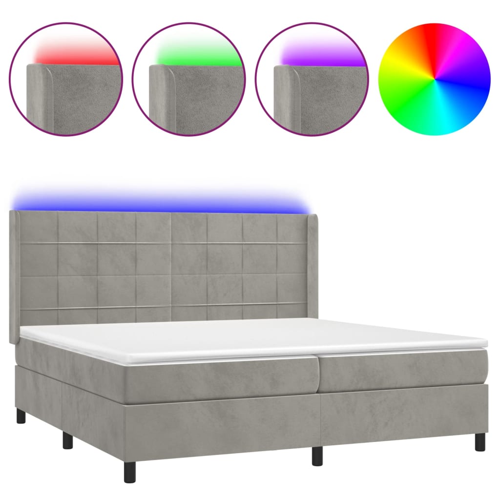 vidaXL Box spring postel s matrací a LED světle šedá 200x200 cm samet