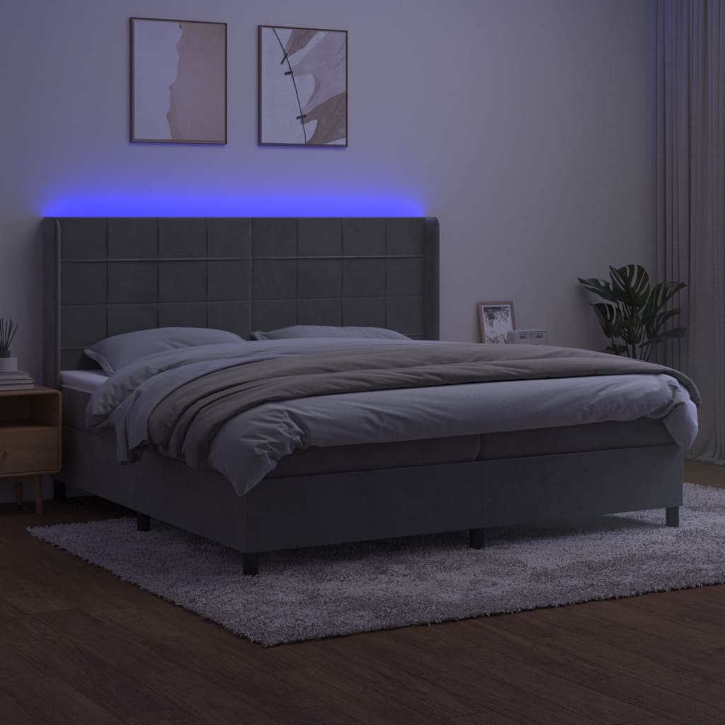 vidaXL Boxspring met matras en LED fluweel lichtgrijs 200x200 cm afbeelding
