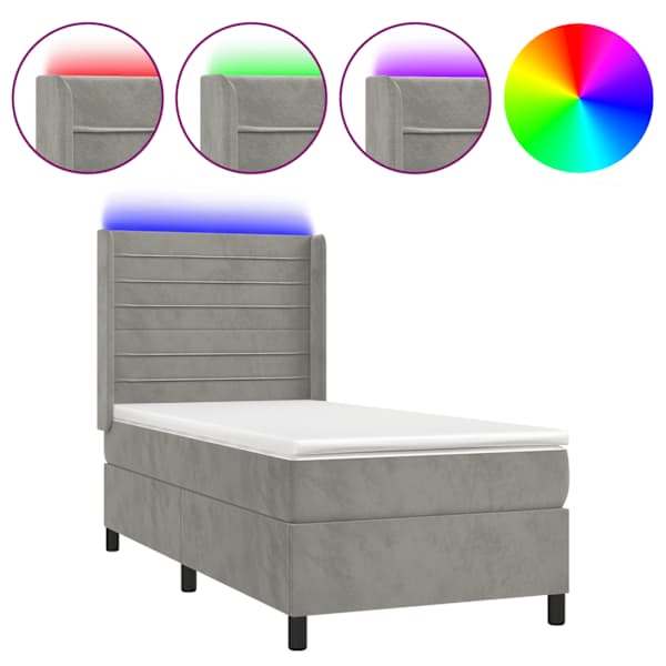vidaXL kontinentaalvoodi madrats ja LED, helehall, 80x200 cm, samet