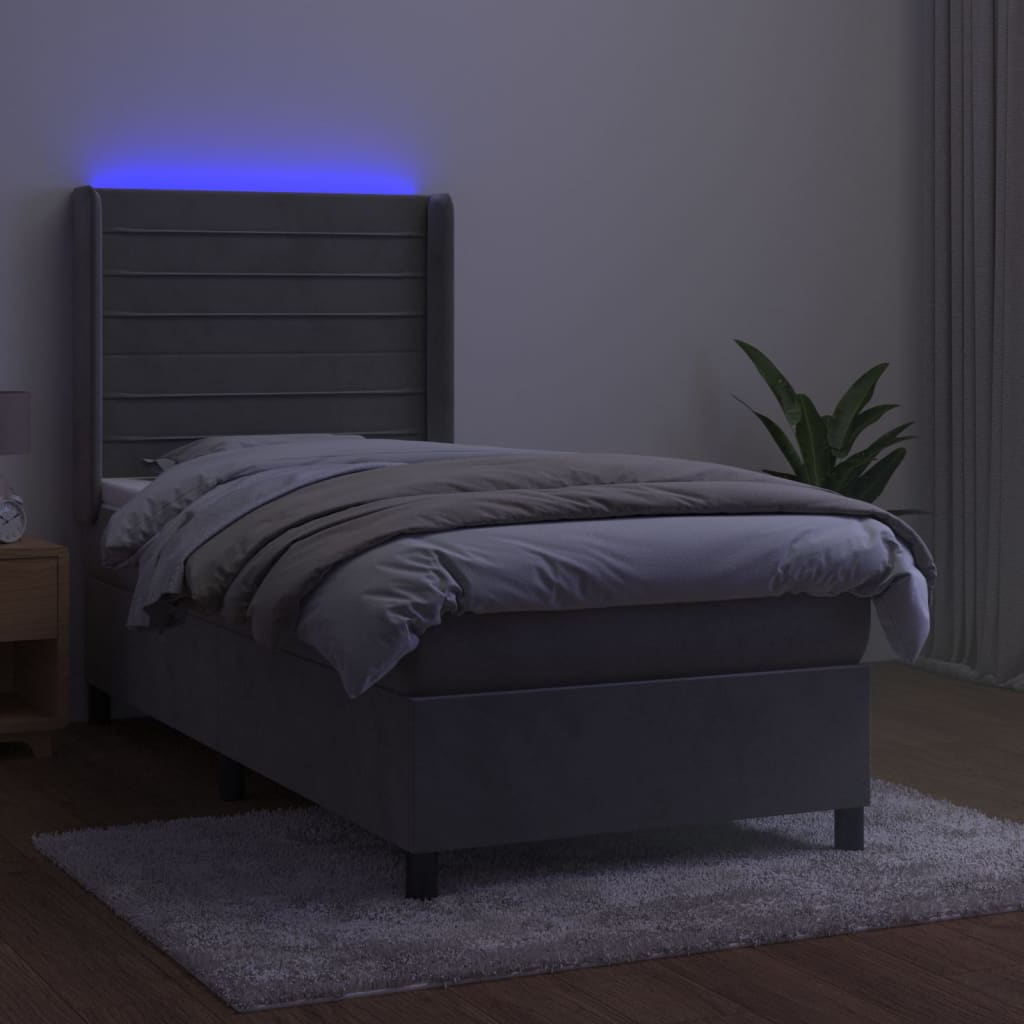 világosszürke bársony rugós és LED-es ágy matraccal 90x190 cm