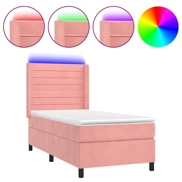 vidaXL kontinentaalvoodi madrats, LED, roosa, 90x190 cm, samet