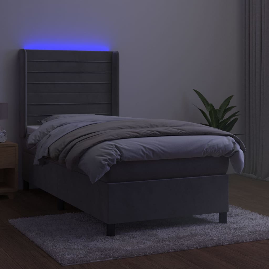 vidaXL Boxspring met matras en LED fluweel lichtgrijs 90x200 cm afbeelding