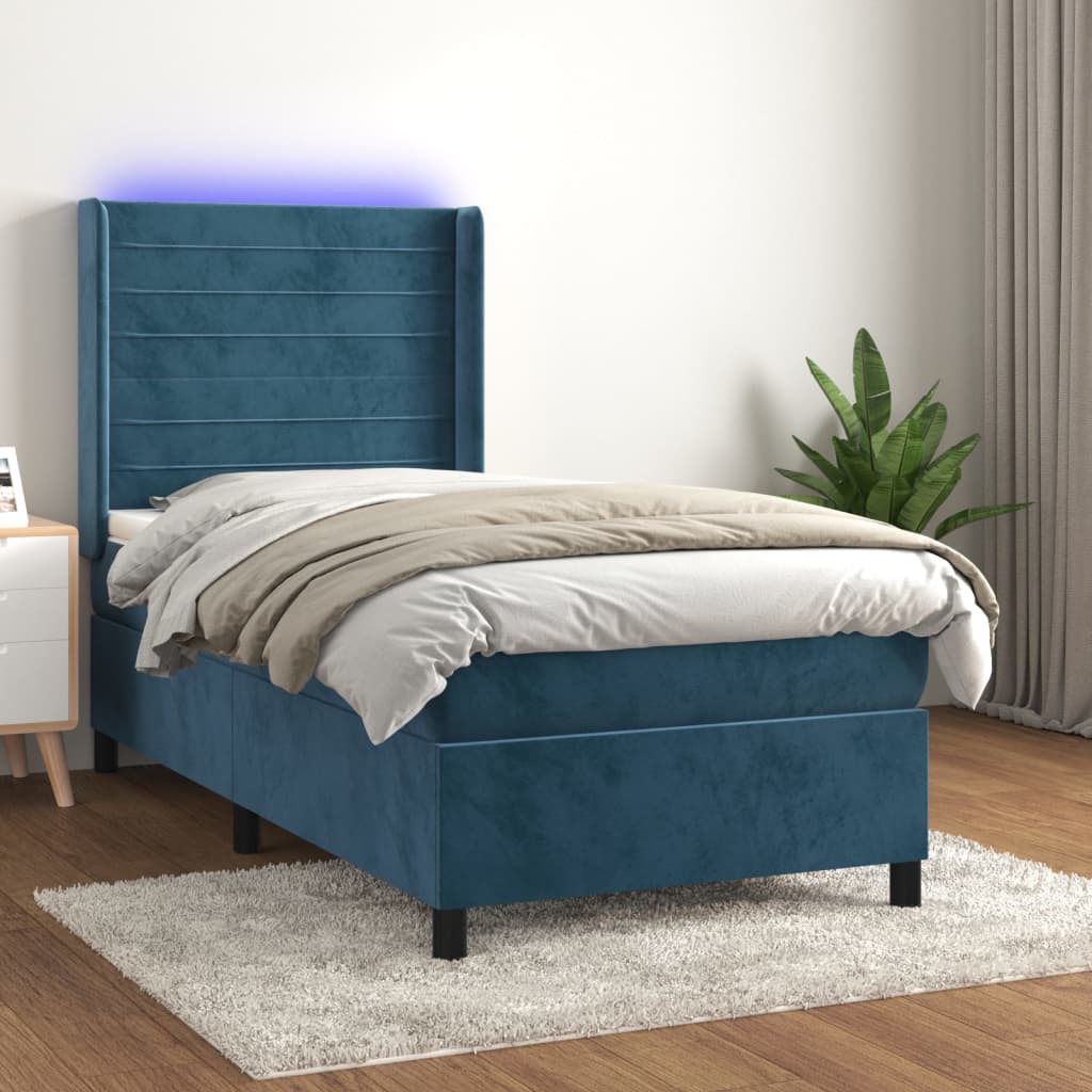 Box spring postel s matrací a LED tmavě modrá 90x200 cm samet