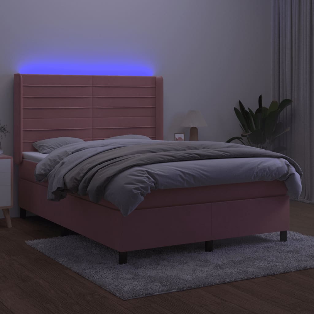 vidaXL Boxspring met matras en LED fluweel roze 140x190 cm afbeelding