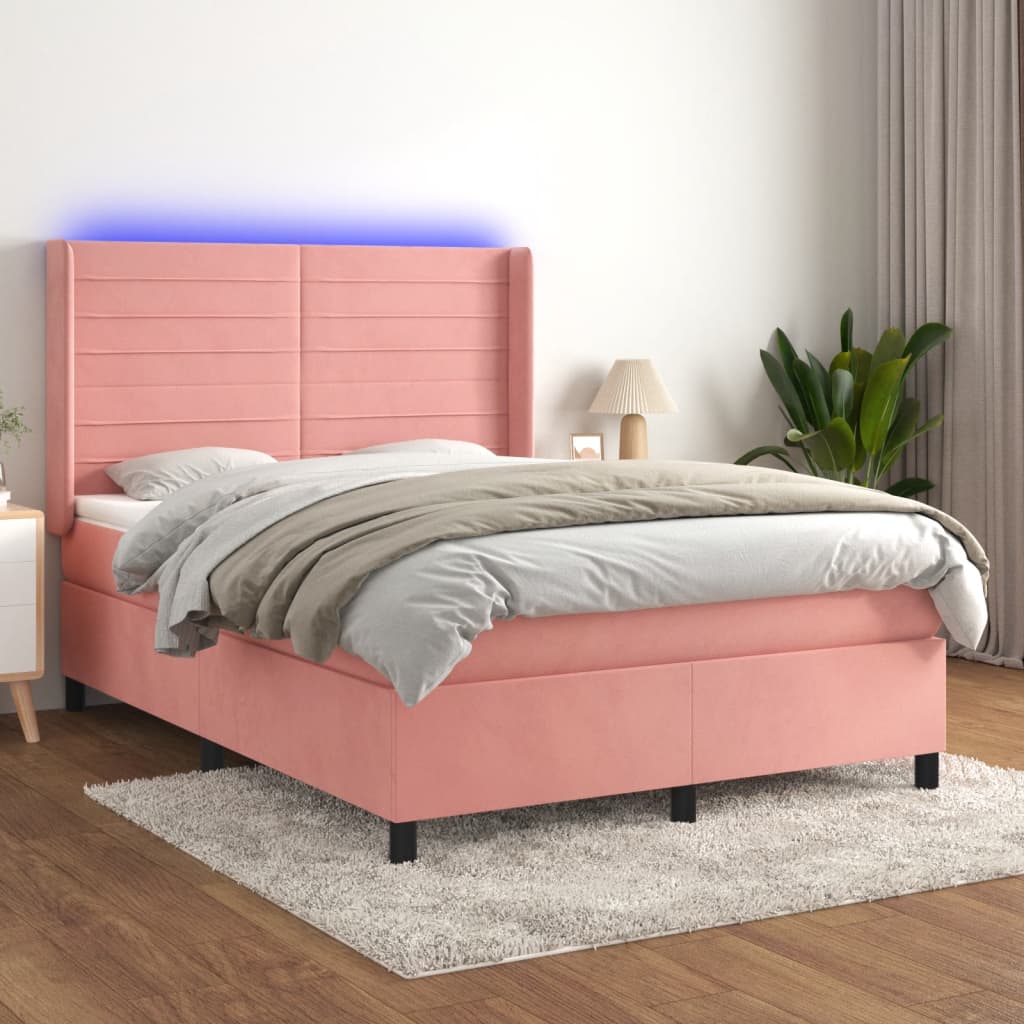 Box spring postel s matrací a LED růžová 140x190 cm samet