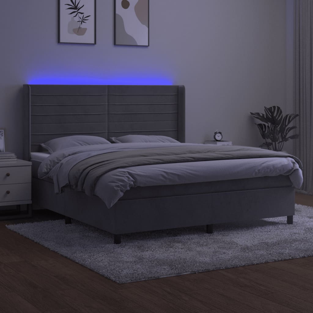 Box spring postelja z vzmetnico LED svetlo siva 160x200cm žamet