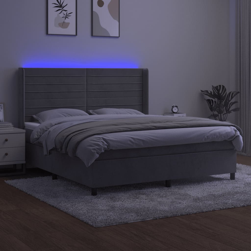 vidaXL Boxspring met matras en LED fluweel lichtgrijs 160x200 cm afbeelding