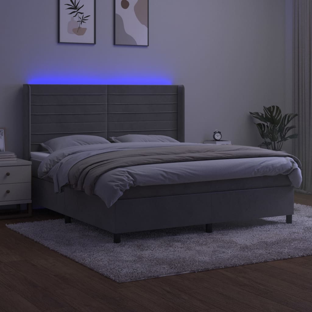 vidaXL Boxspring met matras en LED fluweel lichtgrijs 180x200 cm afbeelding