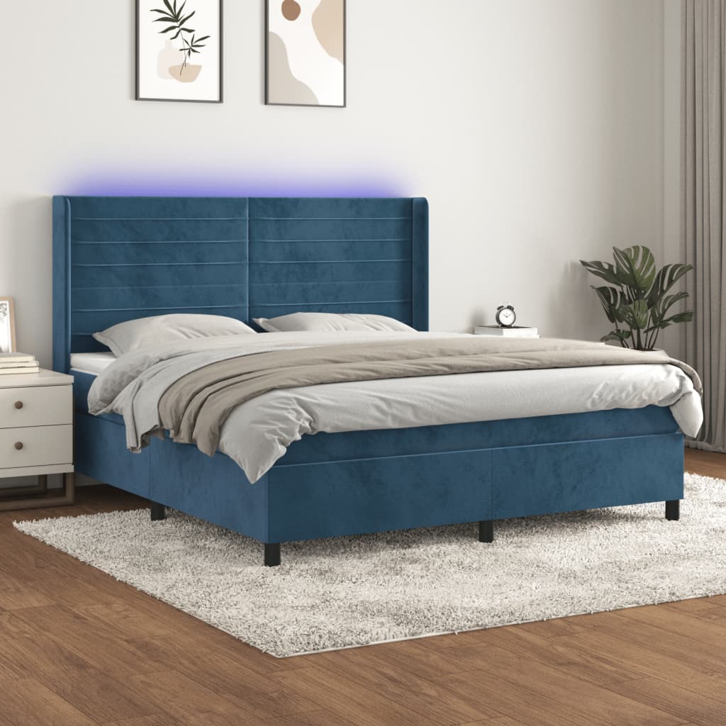 Box spring postel s matrací a LED tmavě modrá 180x200 cm samet