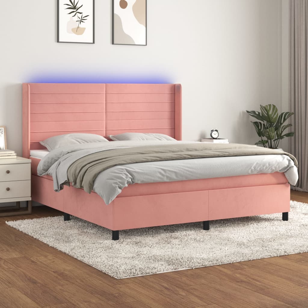 Box spring postel s matrací a LED růžová 180x200 cm samet