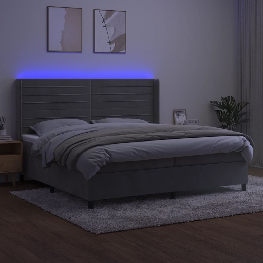 vidaXL Boxspring met matras en LED fluweel lichtgrijs 200x200 cm afbeelding