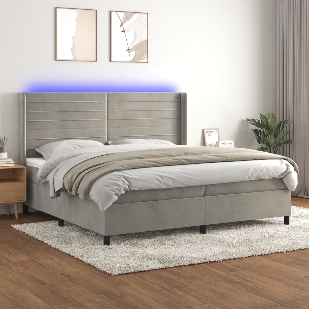 vidaXL Box spring postel s matrací a LED světle šedá 200x200 cm samet