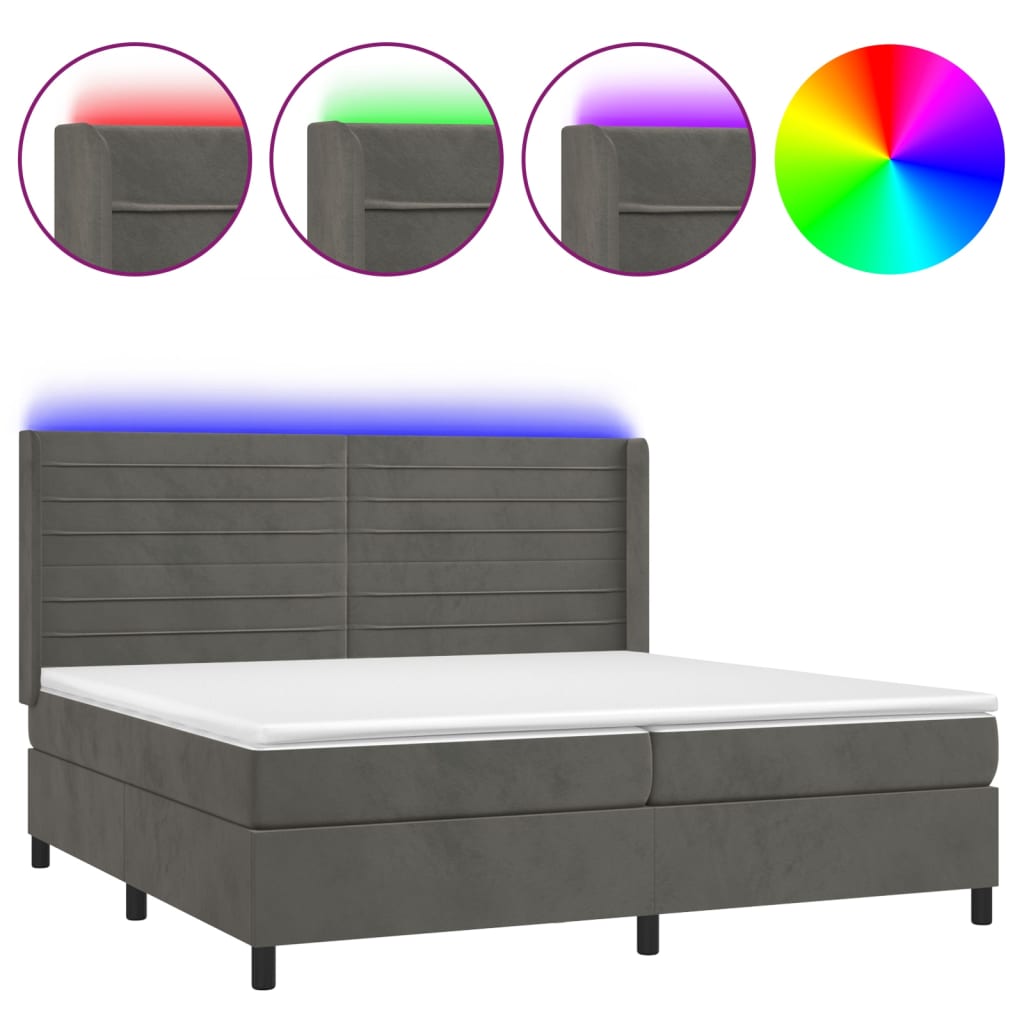 vidaXL Box spring postelja z vzmetnico LED temno siva 200x200 cm žamet