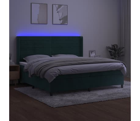 vidaXL Κρεβάτι Boxspring με Στρώμα & LED Σκ. Πράσινο 200x200εκ Βελούδο