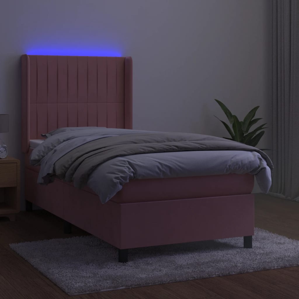 vidaXL Boxspring met matras en LED fluweel roze 90x200 cm afbeelding