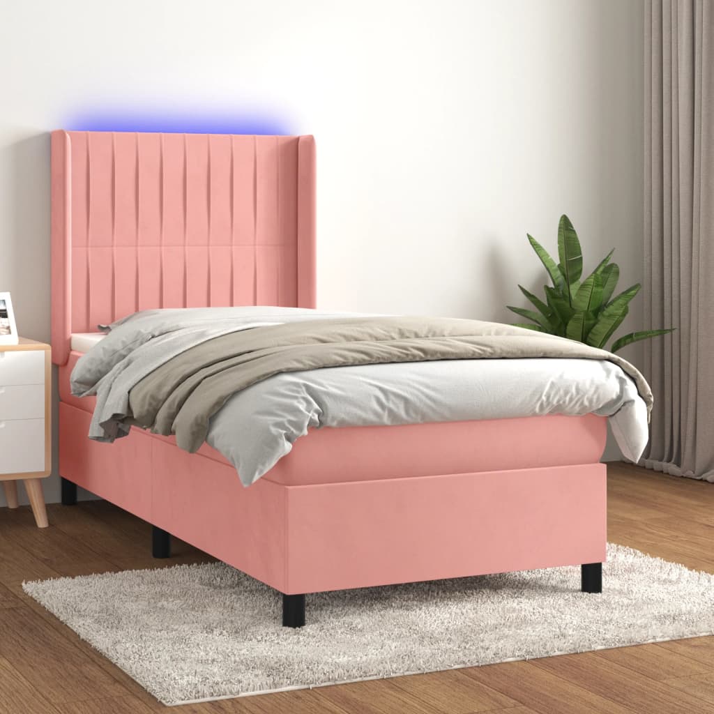 Box spring postel s matrací a LED růžová 90x200 cm samet