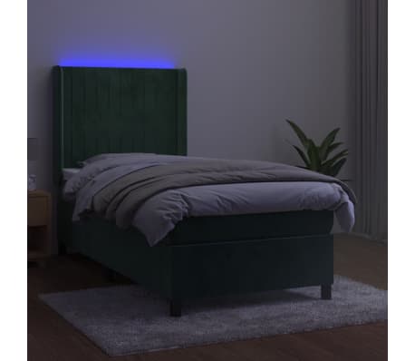 vidaXL Κρεβάτι Boxspring με Στρώμα & LED Σκ. Πράσινο 100x200εκ Βελούδο