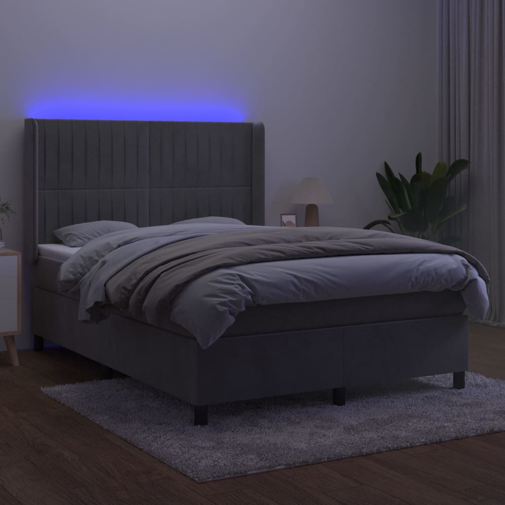világosszürke bársony rugós és LED-es ágy matraccal 140x190 cm