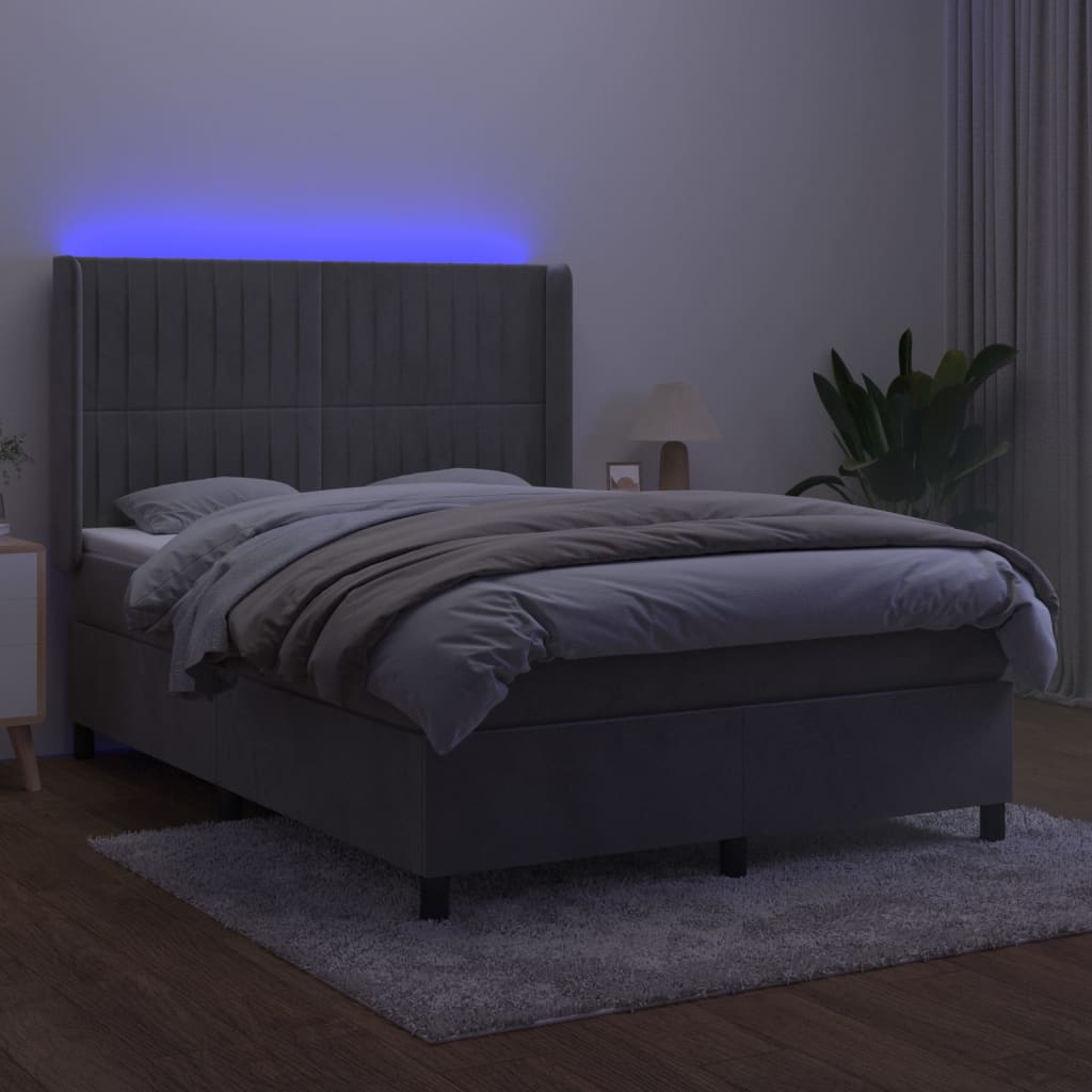 vidaXL Boxspring met matras en LED fluweel lichtgrijs 140x190 cm afbeelding