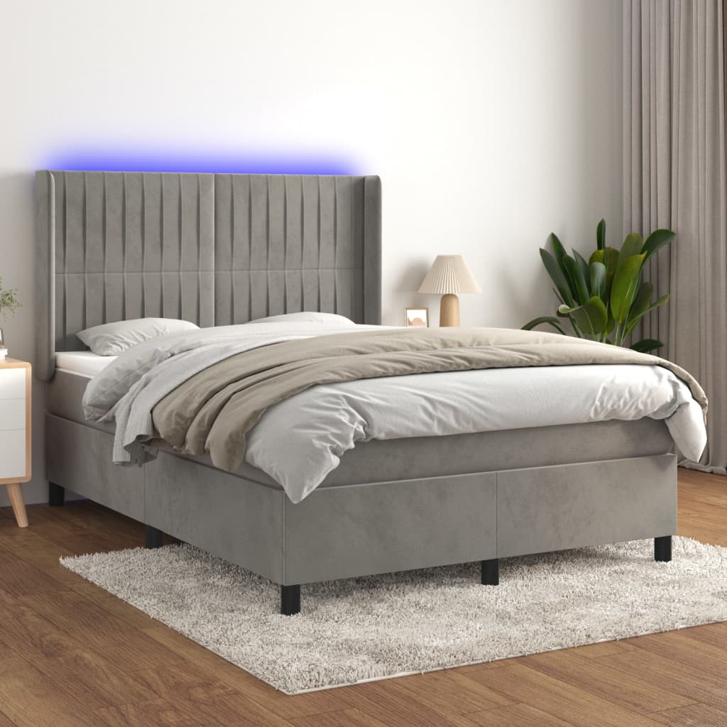 vidaXL Pat continental cu saltea și LED gri deschis 140x190 cm catifea