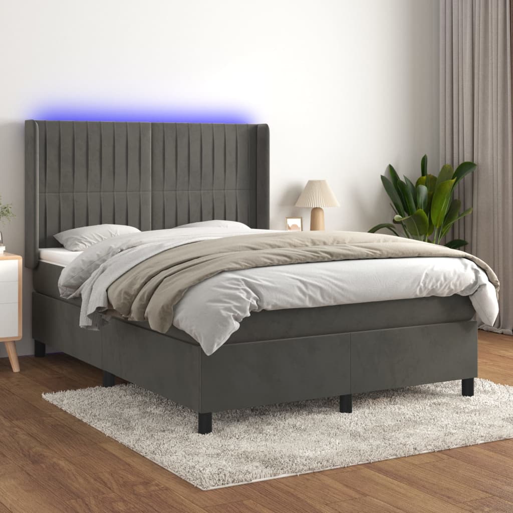 Box spring postel s matrací a LED tmavě šedá 140x190 cm samet